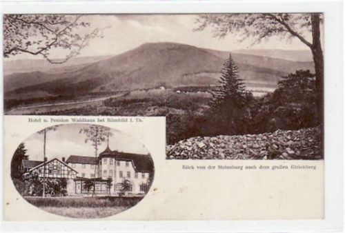 Hotel und Pension Waldhaus bei Römhild i. Th. und Blick von der Steinsburg nach dem Gleichberg gelaufen von 1930, Marke entfernt. Gute Erhaltung.