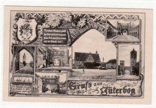 Gruß aus Jüterbog. Wappen, Dammtor, Neumarkt-Tor, Marktplatz Rathaus Denkmal, Dammtor von Innen Zinnaer-Tor. Postalisch nicht befördert. Top Erhaltung.