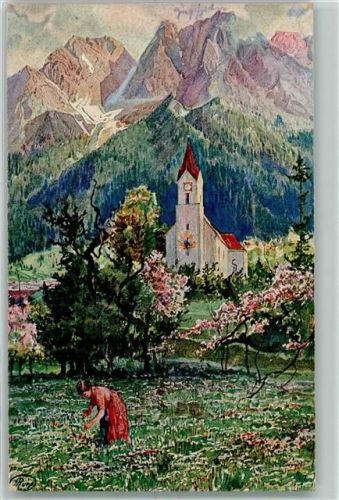 Obergrainau Kirche Frau beim Blumen pflücken