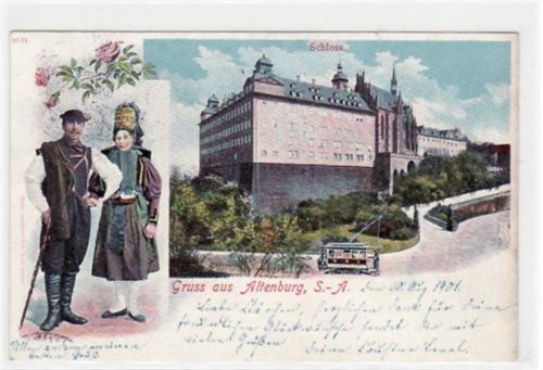 Altenburg Altenburg mit Schloss und Trachtenpaar gelaufen von 1901. Leichte Stempelspuren, kleiner Riß am Rand oben, sonst gut erhalten.