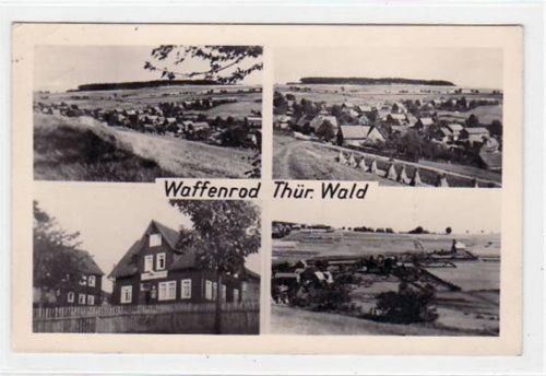 Waffenrod i. Thür. Wald mit verschiedenen Abbildungen gelaufen von 1958. Rückseitiger Stempel: Waffenrod über Eisfeld kleiner Knick oben und unten links, leichter Schrift- und Stempeldurchdruck, sonst gut erhalten.