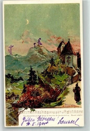 1900 Kleine einsame Kirche im Hochgebirge im Mondschein Adelskorrespondenz