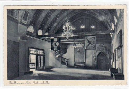 Mühlhausen Mühlhausen mit Rathaushalle gelaufen von 1941. Leichter Stempeldurchdruck, leichter Bug oben und unten rechts, sonst gut erhalten.