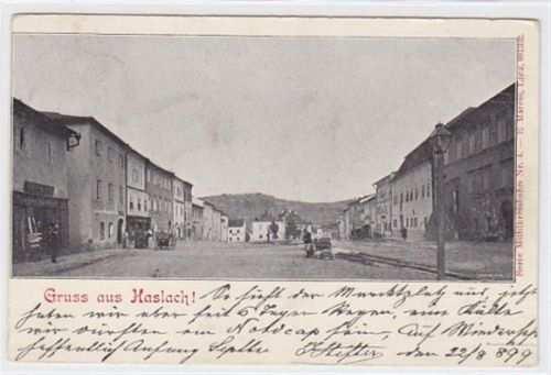 Gruss aus Haslach, gelaufen 1899, leicht fleckig, sonst gut erhalten.