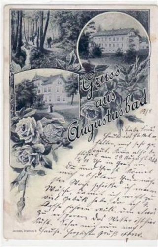 Liegau-Augustusbad Augustusbad bei Radeberg mit 3 Abbildungen gelaufen von 1903 kleiner Knick am rechten Rand oben, leicht stockfleckig, sonst gut erhalten.