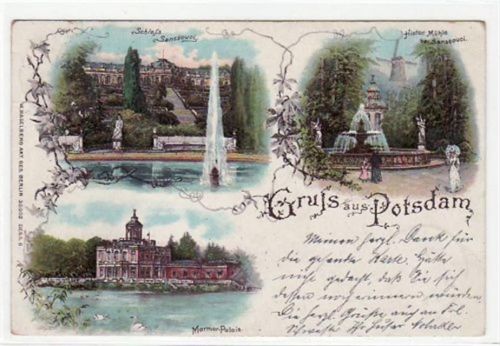 Potsdam Lithographie Gruss aus Potsdam. Schloss Sanssouci historische Mühle bei Sanssouci Marmor-Palais. Postalisch gelaufen 1899. Gute Erhaltung.