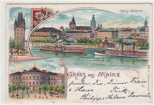 Mainz Mainz, Lithographie. Holzthurm Seitenansicht gelaufen, 1901. Ecken mit Albumabdrücken, leicht bügig, leicht fleckig, leichte Eckabschürfungen, sonst gut erhalten