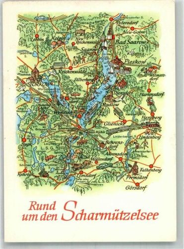 Storkow sign. Hoppe Stilisierte Landkarte des Scharmützelsees mit Sehenswürdigkeiten VEB Bild und Heimat