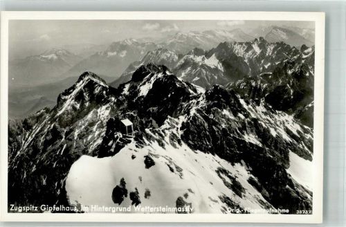 Zugspitze 1938 Fliegeraufnahme vom Gipfel des Berges mit Bergstation und Wettersteinmassiv