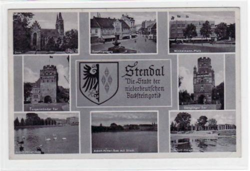 Stendal Stendal mit Dom, Sperlingsberg, Winkelmann - Platz, Tangermpnder Tor, Uenglinger Tor, Adolf - Hitler - See, gelaufen von 1940 kleiner Knick oben und unten rechts, sonst gut erhalten. WK II