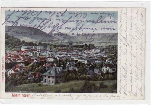 Meiningen Meiningen mit Gesamtansicht gelaufen und Bahnpoststempel von 1905, Zug Nr. 6. Ecken mit Albumabdrücken, sonst gut erhalten.