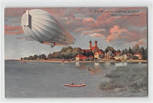 Friedrichshafen, Lithographie. Graf Zeppelins lenkbares Luftschiff ungelaufen Leicht fleckig, Ecken mit Albumabdrücken, kleiner Knick unten rechts, sonst gut erhalten
