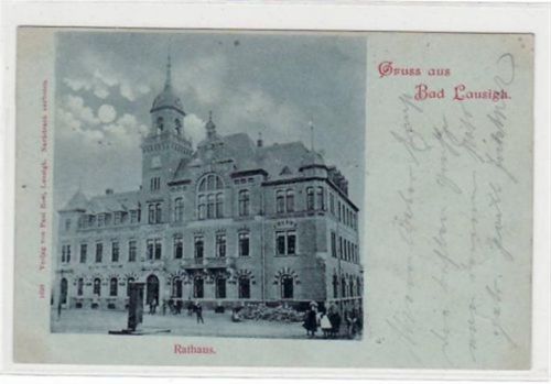 Bad Lausigk Bad Lausigk mit Rathaus im Mondschein gelaufen von 1899. Leicht stockfleckig, sonst gut erhalten.