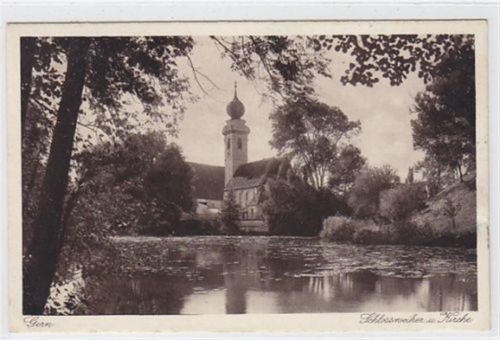 Gern / Eggenfelden. Schlossweiher Kirche gelaufen 1930. Gute Erhaltung.