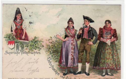 Aschaffenburg Lithographie Aschaffenburg. Bayerische Volkstrachten von Unterfranken und Aschaffenburg gelaufen 1898 leicht fleckig, sonst gut erhalten.