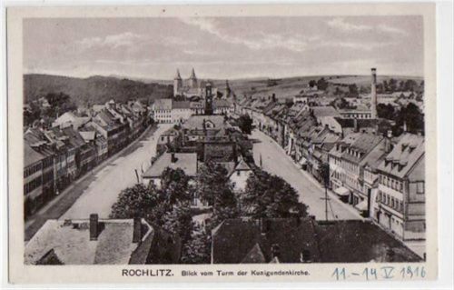 Rochlitz Rochlitz mit Blick vom Turm der Kunigundenkirche. ungelaufen handschriftliches Datum von 1916. Gute Erhaltung.