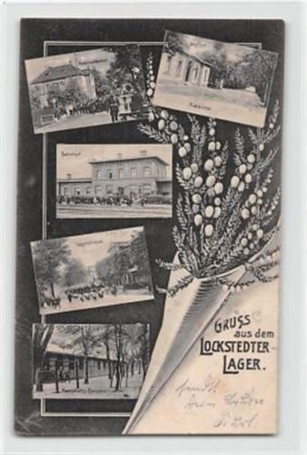 Lockstedter Lager mit Bahnhof und Mannschafts-Baracken. Feldpost Vorder- und Rückseite leicht fleckig, kleiner Knick unten links, sonst gut erhalten