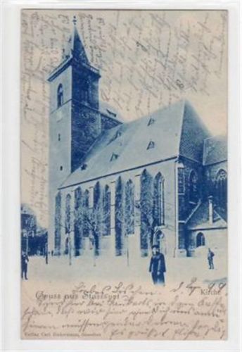 Staßfurt Staßfurt mit Kirche gelaufen von 1899. Leichter Stempeldurchdruck, leicht stockfleckig, sonst gut erhalten.