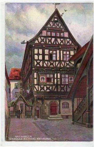 Meiningen Künstlerkarte von Meiningen mit Grumbach - Büchner´s Hinterhaus gelaufen von 1913. Leichter Stempeldurchdruck, Knick oben rechts, kleiner Knick unten links, sonst gut erhalten.