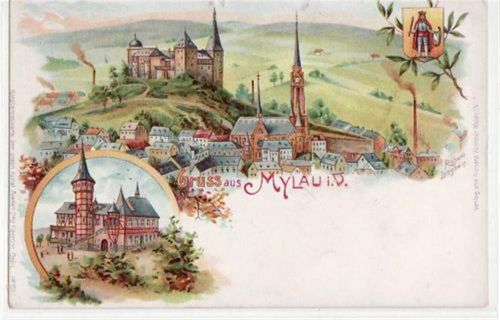 Mylau, Lithographie mit 2 Abbildungen vom Kaiserschloss. ungelaufen um 1900 leichte Eckabschürfungen, kleiner Riß oben in der Mitte, sonst gut erhalten