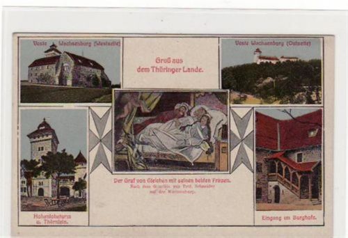 Gruß aus dem Thüringer Lande. Veste Wachsenburg Hohenloheturm u. Thörnlein eine Zeichnung vom Graf von Gleichen mit seinen beiden Frauen Eingang im Burghofe ungelaufen Top Erhaltung.