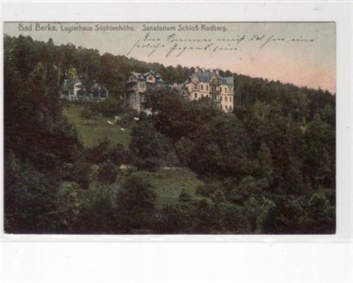 Bad Berka Bad Berka mit Logierhaus Sophienhöhe und Sanatorium Schloß Rodberg gelaufen 1910. Leicht fleckig, sonst gut erhalten.