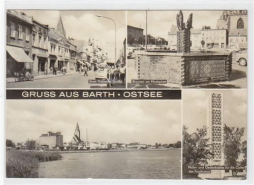 Barth Barth / Ostsee. Ernst-Thälmann-Straße Brunnen am Marktplatz Panorama von Barth Mahn- und Gedenkstätte für die Opfer des Faschismus gelaufen. Marke entfernt, sonst gut erhalten