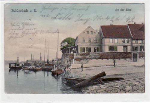 Schönebeck Schönebeck mit Partie an der Elbe und Gasthaus zum goldenen Anker gelaufen von 1909. Leicht stockfleckig, sonst gut erhalten.