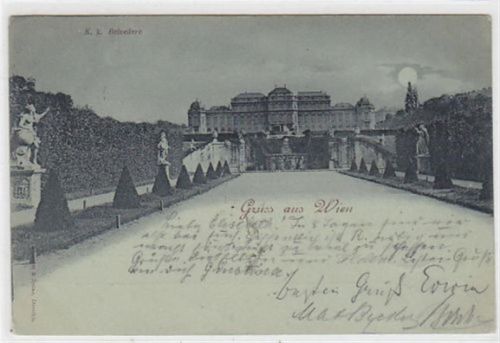 Mondscheinkarte Gruss aus Wien mit K. k. Belvedere gelaufen 1897. Die Marke fehlt. Leichte Stempelspuren, sonst gut erhalten