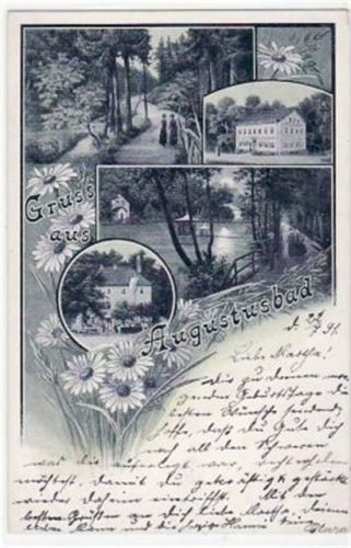 Liegau-Augustusbad Augustusbad, Mondscheinkarte mit 4 Abbildungen gelaufen von 1901. Gute Erhaltung.