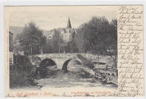 Bad Landeck Bad Landeck in Schlesien - Ladek-Zdrój / Kreis Habelschwerdt - Bystrzyca Klodzka. Villa Weberbauer Schlösselbrücke gelaufen 1901. Sehr gut erhalten.