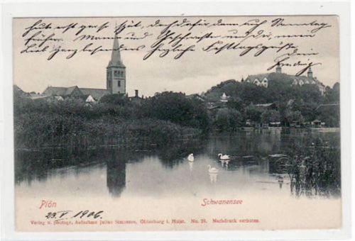 Plön mit Schwanensee gelaufen, 1906 kleiner Knick oben links, sonst gut erhalten