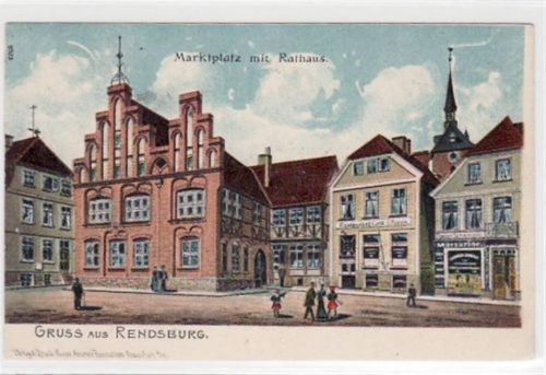 Rendsburg Rendsburg, Lithographie mit Marktplatz und Rathaus. ungelaufen frühe Karte, da Anschriftseite noch ungeteilt kleiner Knick linke Seite, sonst gut erhalten