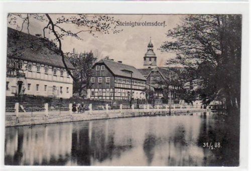 Steinigtwolmsdorf Steinigtwolmsdorf mit Uferpartie gelaufen von 1908. Leicht stockfleckig, sonst gut erhalten.