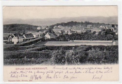 Herrnhut Herrnhut mit Gesamtansicht gelaufen von 1906 kleiner Knick mit Abschürfung oben links, leichter Bug oben rechts, sonst gut erhalten.