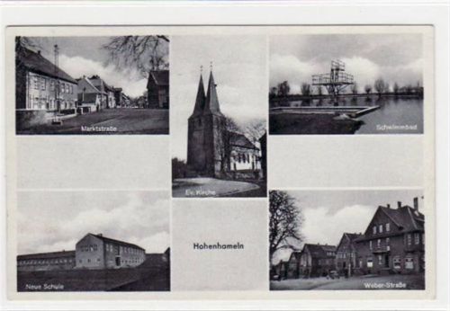 Hohenhameln mit Marktstraße, Weber-Straße u. neuer Schule gelaufen, 1952. Gute Erhaltung.