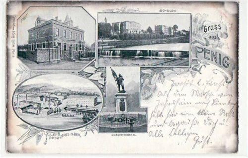 Penig Penig mit Kriegerdenkmal, Schulen, Post und Patent-Papier-Fabrik gelaufen von 1898. Oxydationsspuren an den Rändern, leicht bügig, leichte Eckabschürfungen und Rändern, sonst gut erhalten.