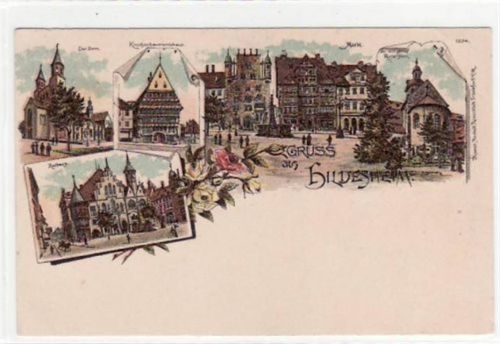 Hildesheim, Lithographie mit Markt, Dom, Rosenstock u. Rathaus. ungelaufen frühe Karte, da Anschriftseite noch ungeteilt kleiner Knick oben rechts, sonst gut erhalten
