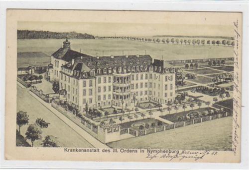 München, Nymphenburg mit Krankenanstalt des III. Ordens gelaufen, mit Marke und Stempel von 1913 kleiner Knick unten links, leicht fleckig, sonst gut erhalten