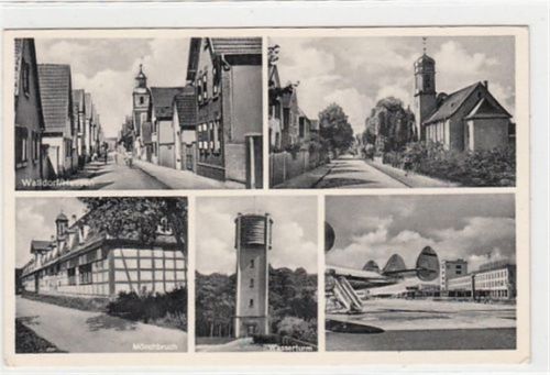 Walldorf in Hessen mit Kirche, Mönchbruch, Flughafen Frankfurt Rhein Main und Wasserturm gelaufen, 1961 kleiner Knick unten links, sonst gut erhalten