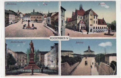 Reichenbach Reichenbach mit Bahnhof, Postamt, Markt u. Moltke-Denkmal ungelaufen leichte Abschürfungen, leicht stockfleckig, sonst gut erhalten