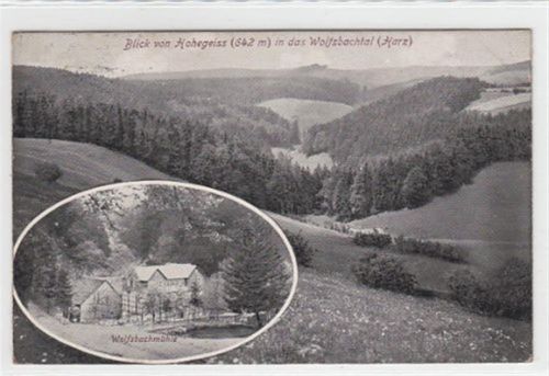Hohegeiß Blick von Hohegeiß in das Wolfsbachtal mit Wolfsbachmühle gelaufen, 1929. Ecken mit Albumabdrücken, leichte Stempelspuren, sonst gut erhalten