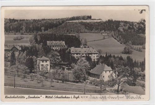 Schreiberhau Mittel-Schreiberhau / Szklarska Poreba - Kreis Hirschberg / Jelenia Góra im Riesengebirge. Kinderheilstätte Lenzheim gelaufen. Marke entfernt. Leicht abgerundete Ecke n, sonst gut erhalten