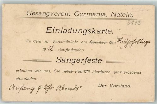 Nateln 1911 Gesangsverein Germania Einladungskarte Sängerfeste