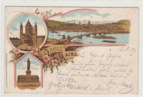Mainz Mainz, Lithographie. Schillerdenkmal gelaufen, 1899. Leicht bügig, leichte Stempelspuren, kleiner Knick oben links, sonst gut erhalten