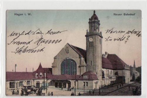 Hagen Hagen mit neuem Bahnhof gelaufen von 1911. Starker Stempeldurchdruck, leicht fleckig, leicht bügig, sonst gut erhalten