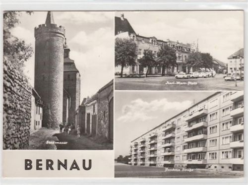 Bernau mit Stadtmauer u. Puschkin Straße gelaufen, mit Marke und Stempel, Datum nicht lesbar. Gute Erhaltung.