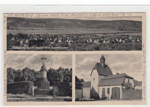 Hailer, Kreis Gelnhausen Gefallenen Ehrenmal und alter Kapelle gelaufen, mit Marke und Bahnpoststempel von 1936, Zug Nr. 807.
