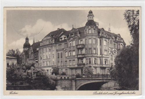 Guben mit Parkhotel und Jungfernbrücke gelaufen 1931 kleiner Knick an der rechten unteren Ecke Leichter Stempeldurchdruck, sonst gut erhalten