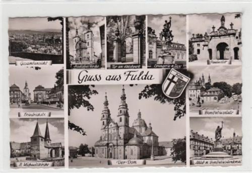 Fulda Tor am Schloßpark, Stadtpfarrkirche Orangerie Paulustor Bonifatiusplatz St. Michaelskirche gelaufen, 1955. Leichter Stempeldurchdruck, sonst gut erhalten